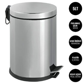 430 Paslanmaz Çelik Kapaklı Pedallı Çöp Kovası 5lt @kircaco